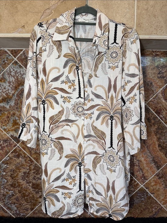 Label Of Love Dresses & Skirts - Label of Love Beige Brown Palm Floral Safari Button Front Tunic Dress Small